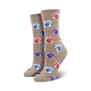  women's crew socks with a colorful pansy flower pattern on a light brown background.  