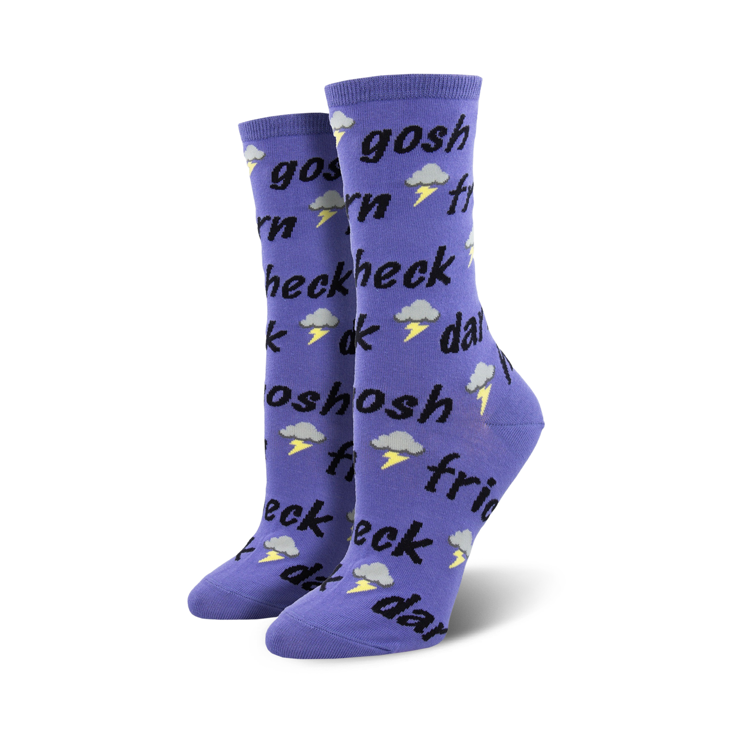 Pair of women's crew socks in purple and coral.  Features a repeating pattern of 'Gosh Darn Heck Frick' and lightning bolt illustrations.