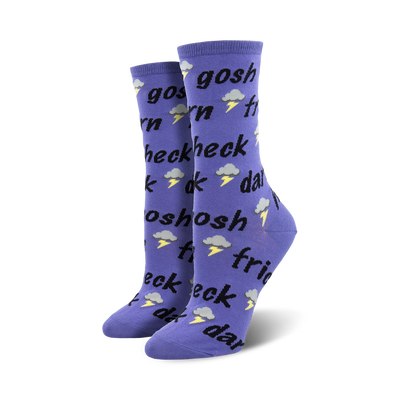 Pair of women's crew socks in purple and coral.  Features a repeating pattern of 'Gosh Darn Heck Frick' and lightning bolt illustrations.