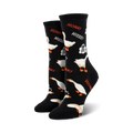Pair of black crew socks with a fun design featuring white geese, skulls, bubbles, and "Honk!" and "Hiss!" text.