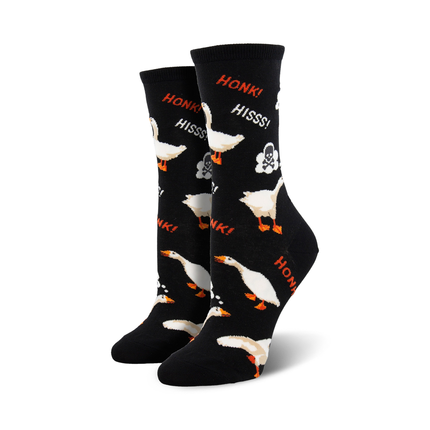 Pair of black crew socks with a fun design featuring white geese, skulls, bubbles, and "Honk!" and "Hiss!" text.