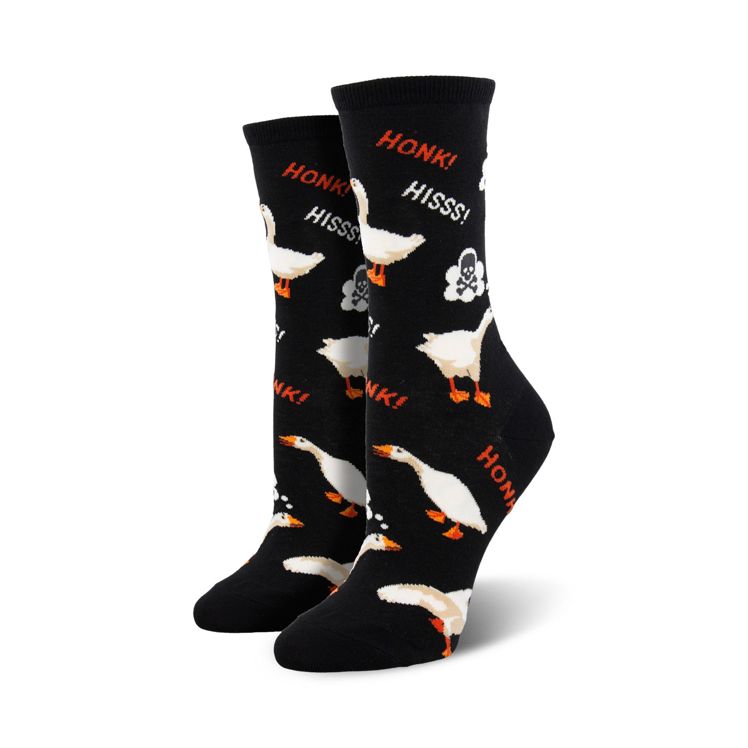 Pair of black crew socks with a fun design featuring white geese, skulls, bubbles, and "Honk!" and "Hiss!" text.