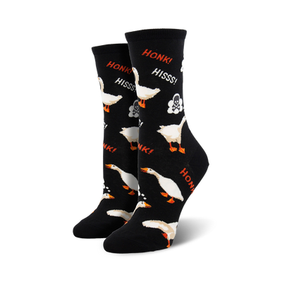   **black crew socks with white geese pattern, orange feet and beaks, skull and crossbones, and "honk!" and "hiss!" speech bubbles.**  