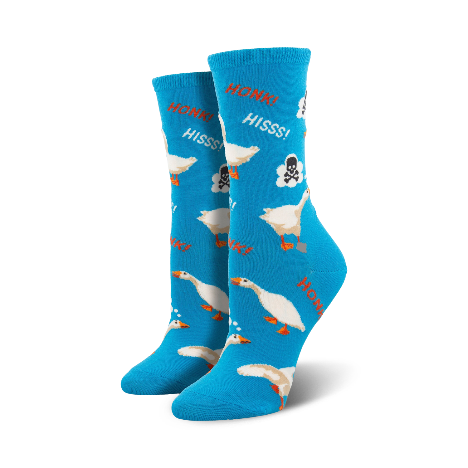 Lifestyle shot of a person's feet wearing teal Honk Honk socks