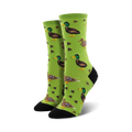Pair of crew socks, green and brown mallard ducks on a lime green background, small brown arrow motifs.