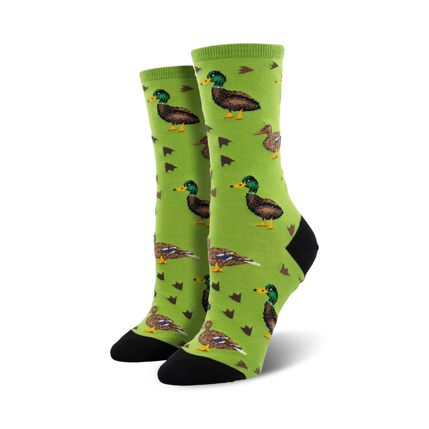 Pair of crew socks, green and brown mallard ducks on a lime green background, small brown arrow motifs.