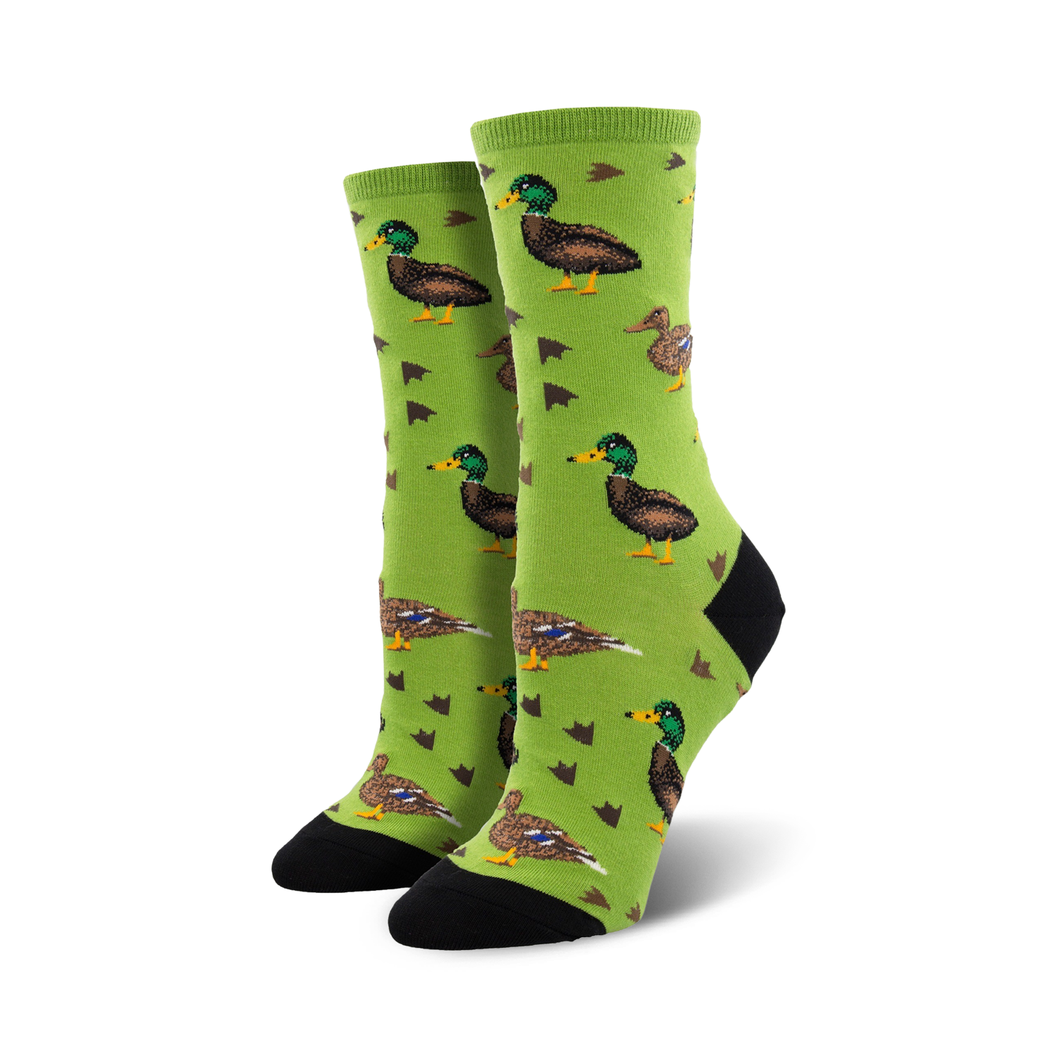 Pair of crew socks, green and brown mallard ducks on a lime green background, small brown arrow motifs.