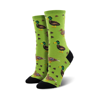 bright green crew socks with brown and teal duck pattern and black and green top band.   