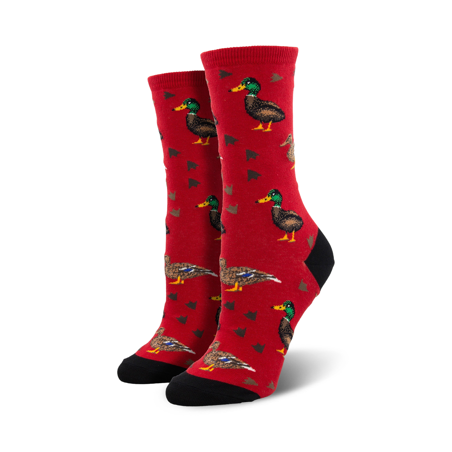 Close-up view of a pair of red crew socks with mallard ducks and arrow patterns.