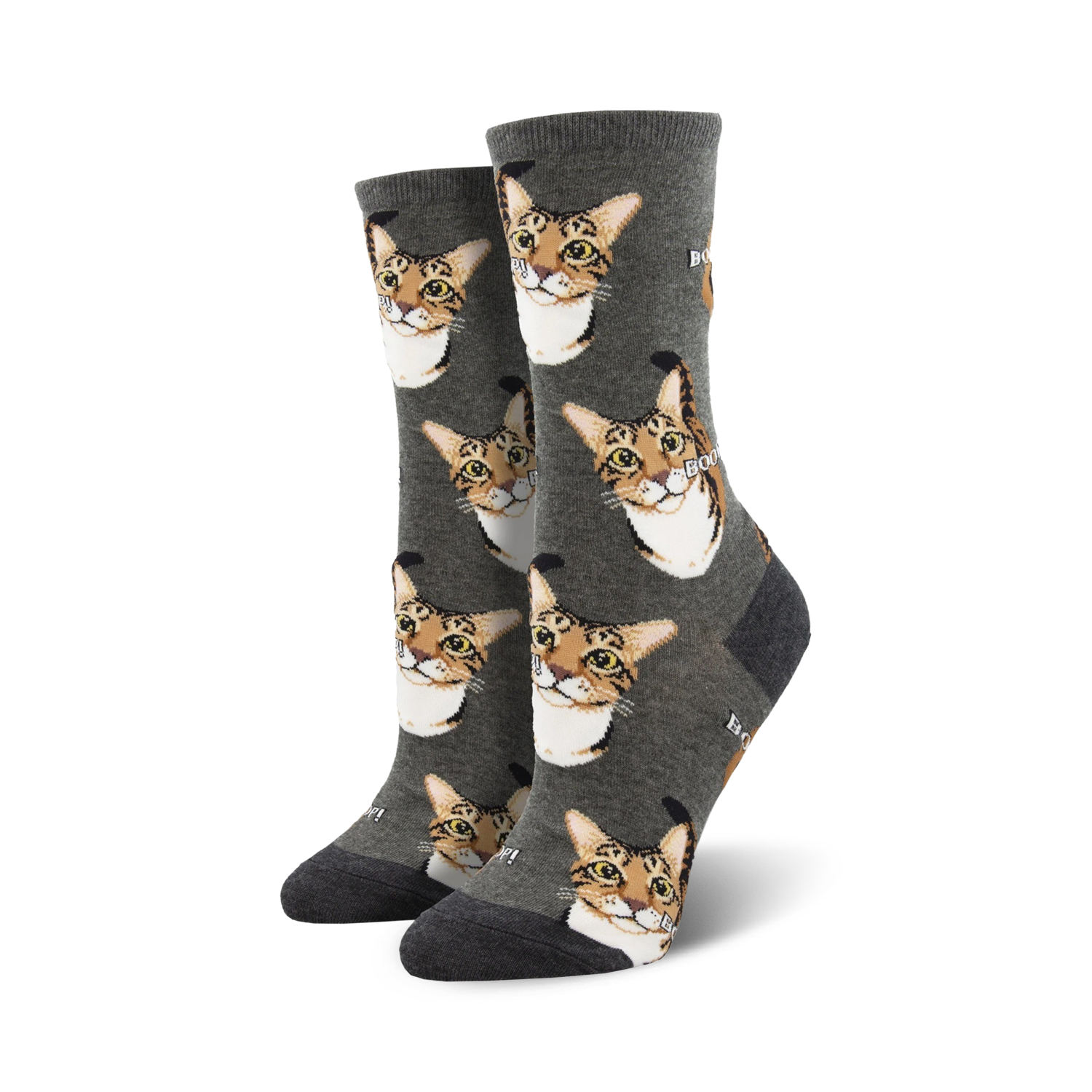 Pair of women's crew socks; grey background with repeating pattern of brown tabby cat faces and the word 'Boop'.