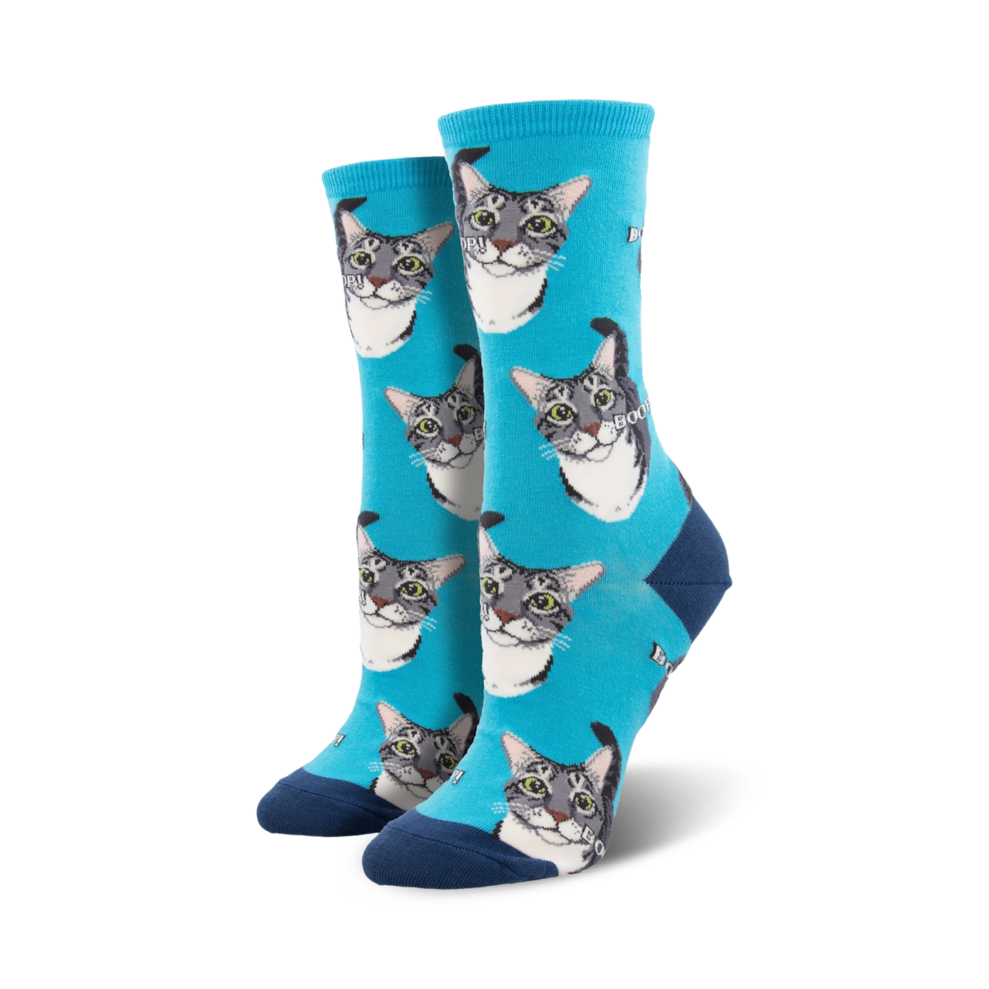 Lifestyle shot showing the teal 'Boop' socks on a person's feet, highlighting their fit and color.