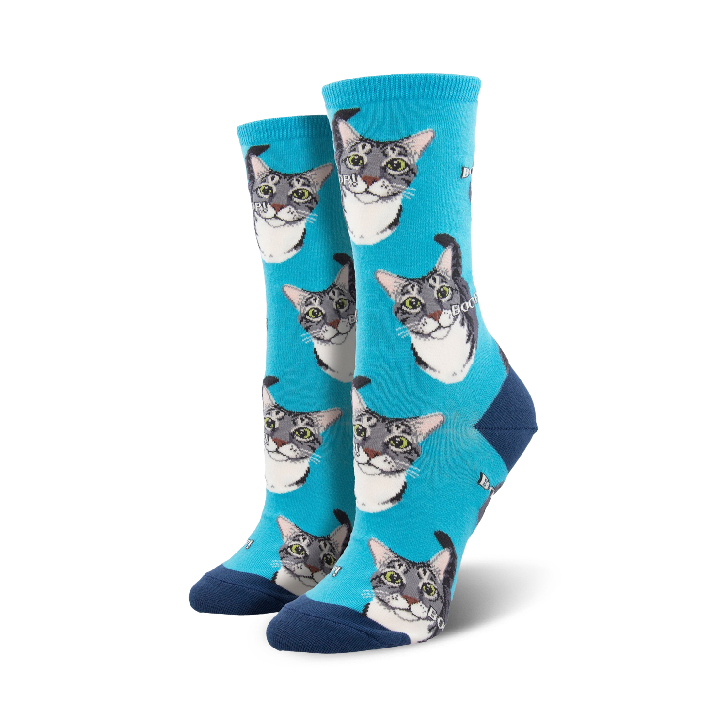 Lifestyle shot showing the teal 'Boop' socks on a person's feet, highlighting their fit and color.