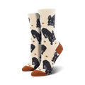 Cream crew socks with black French Bulldogs and brown paw prints. 