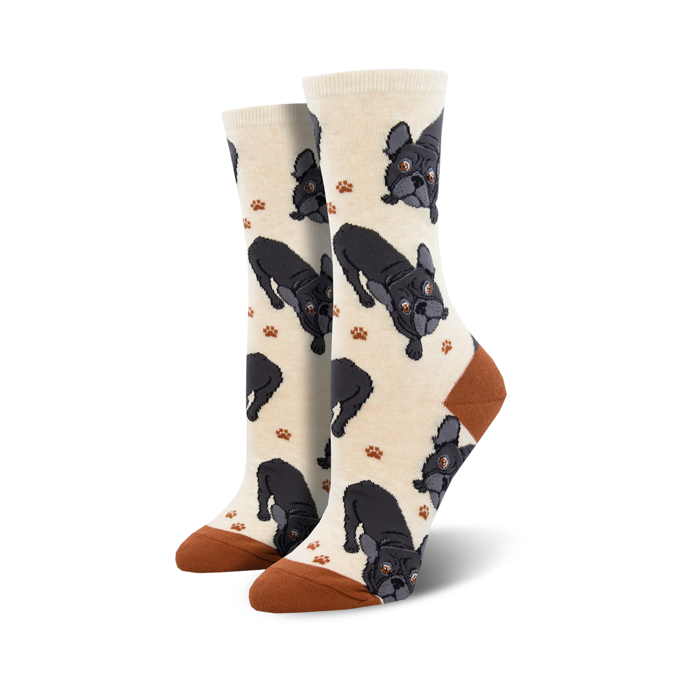 Cream crew socks with black French Bulldogs and brown paw prints. 