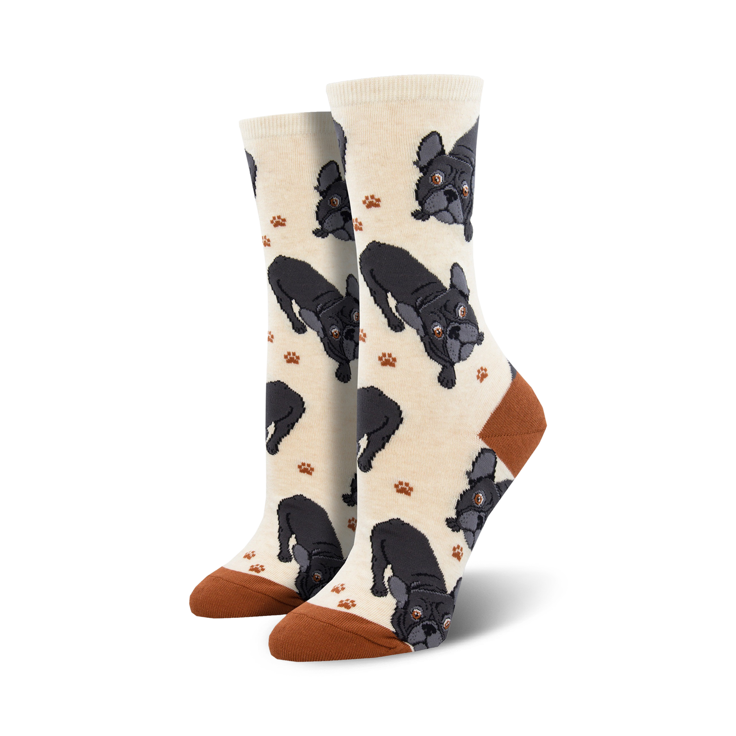 Cream crew socks with black French Bulldogs and brown paw prints. 