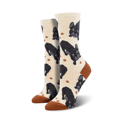 cream crew socks with cartoon french bulldogs, brown paw prints, brown toe and heel, and cream cuff.  