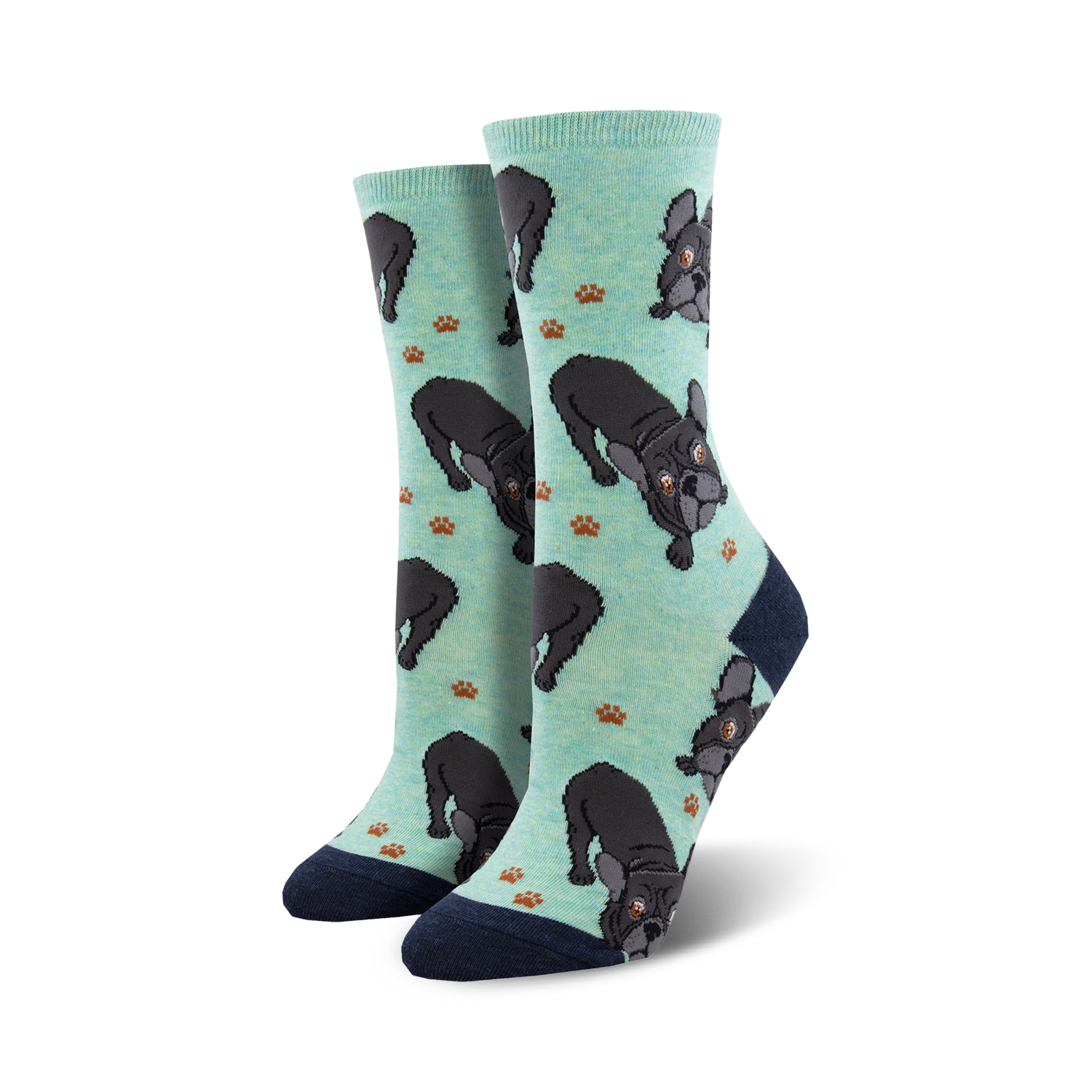 Pair of mint green crew socks with black French Bulldogs and brown paw prints; navy blue heel and toe.