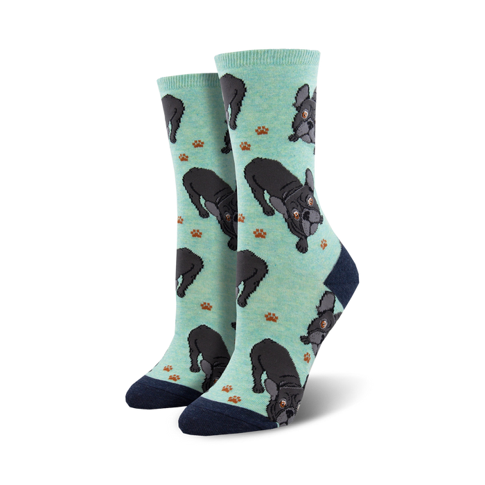 black french bulldog crew socks with paw prints on mint green. women's frenchie fellowship themed footwear.  