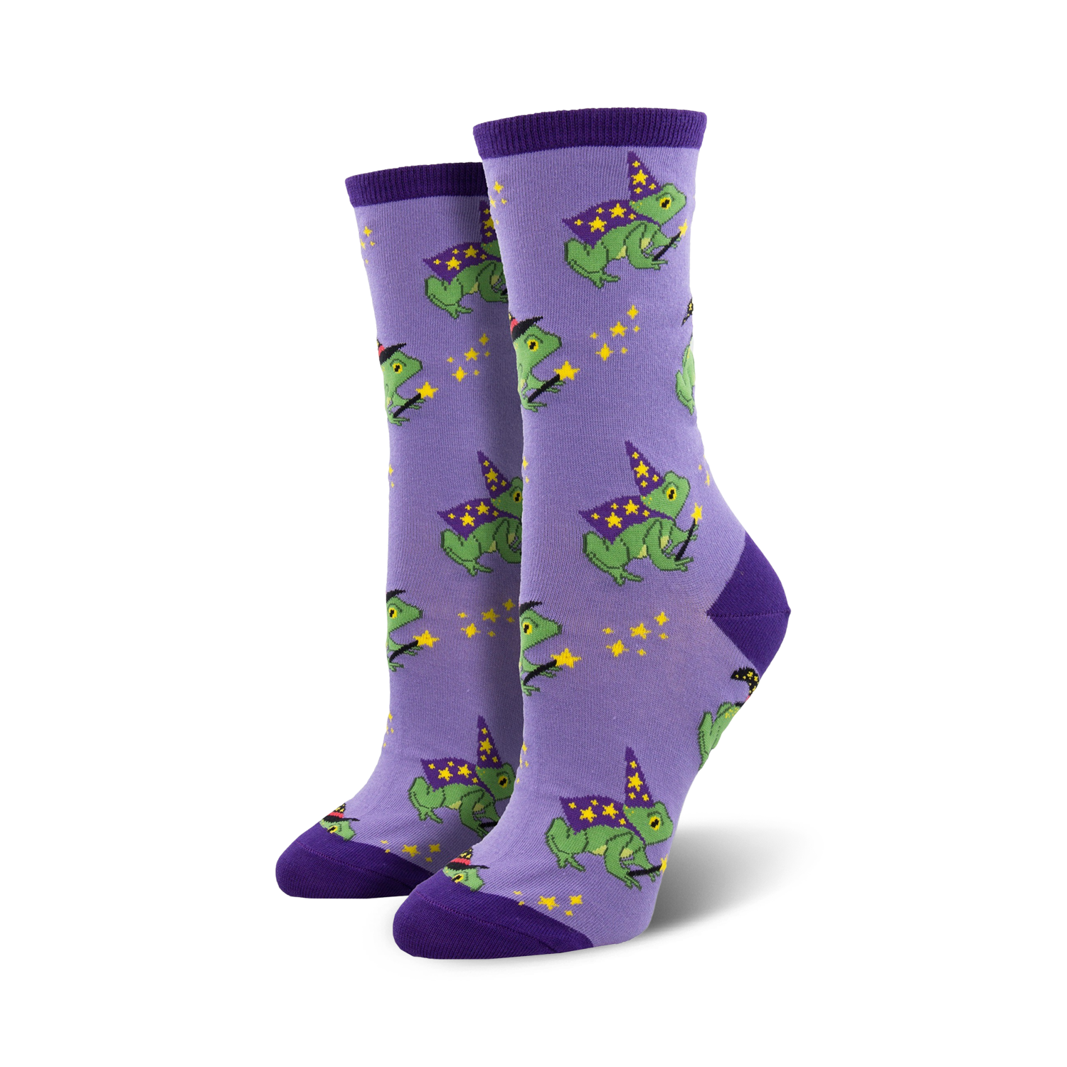 Lifestyle product shot of Freaky Frogs socks on a model's feet. The socks are the purple variant.