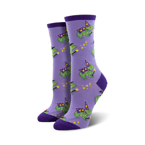 Lifestyle product shot of Freaky Frogs socks on a model's feet. The socks are the purple variant.