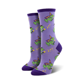 whimsical crew socks showcasing a vibrant design of cartoon frogs in wizard's hats and magic wands, set amidst a cosmic dance of yellow stars and crescent moons.  