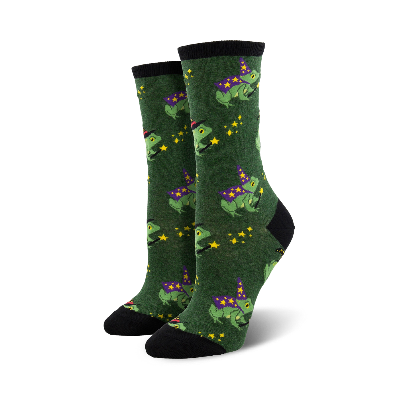 Pair of women's crew socks in green and purple; whimsical design of frogs wearing wizard hats and holding wands, accented with yellow stars.