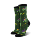 Pair of women's crew socks in green and purple; whimsical design of frogs wearing wizard hats and holding wands, accented with yellow stars.