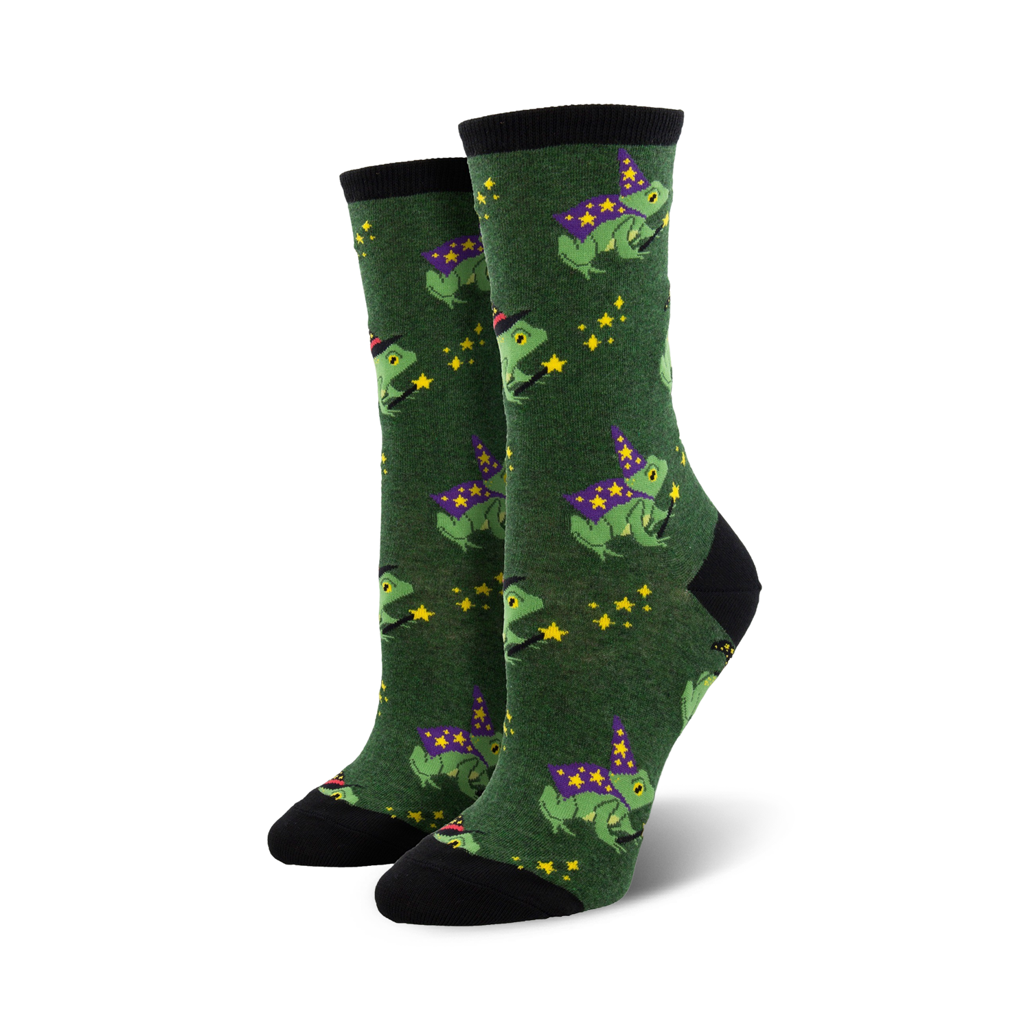 Pair of women's crew socks in green and purple; whimsical design of frogs wearing wizard hats and holding wands, accented with yellow stars.