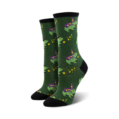 Pair of women's crew socks in green and purple; whimsical design of frogs wearing wizard hats and holding wands, accented with yellow stars.
