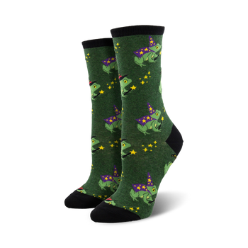 dark green crew socks featuring cartoon frogs in purple wizard hats against a background of stars and moons.  