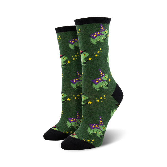 dark green crew socks featuring cartoon frogs in purple wizard hats against a background of stars and moons.  