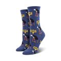 Pair of crew socks; blue background with repeating pattern of ostriches hiding their heads and 'Nope' signs.