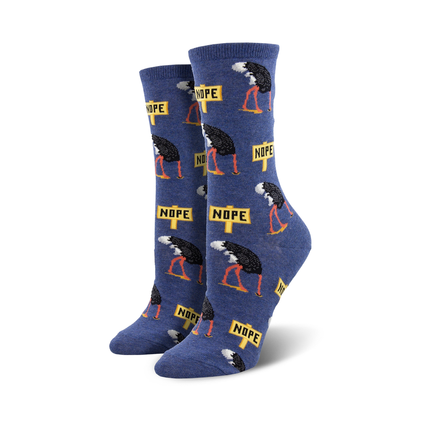Pair of crew socks; blue background with repeating pattern of ostriches hiding their heads and 'Nope' signs.
