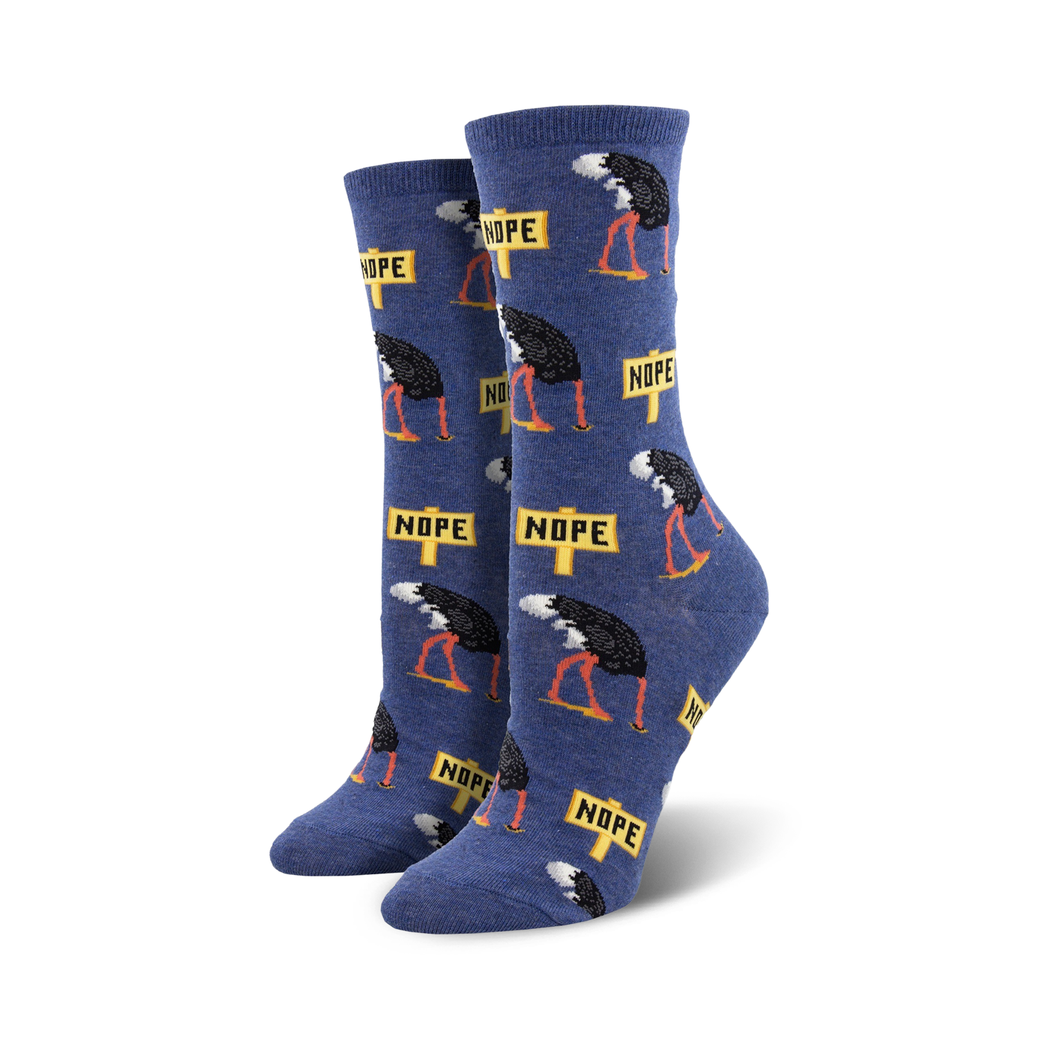Pair of crew socks; blue background with repeating pattern of ostriches hiding their heads and 'Nope' signs.