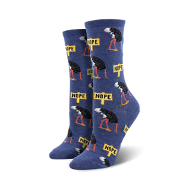 ostrich "nope" crew length womens socks feature a black ostrich with yellow beak and red legs on a blue background with yellow "nope" signs.  