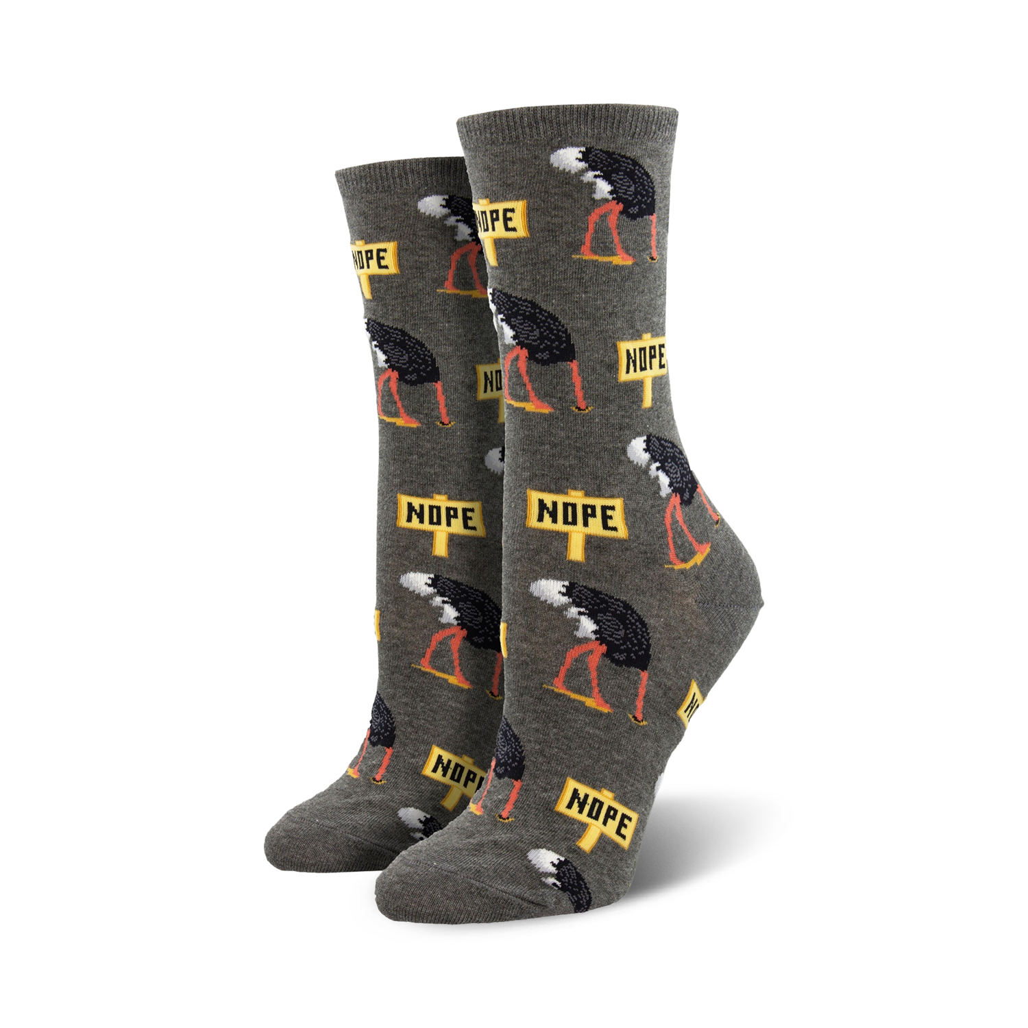 Close-up of grey 'Nope' socks showcasing the detail of the ostrich and sign design.