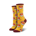 Pair of crew socks; yellow background with red soup bowls that say 'Hang in there' and 'Proud of you'.