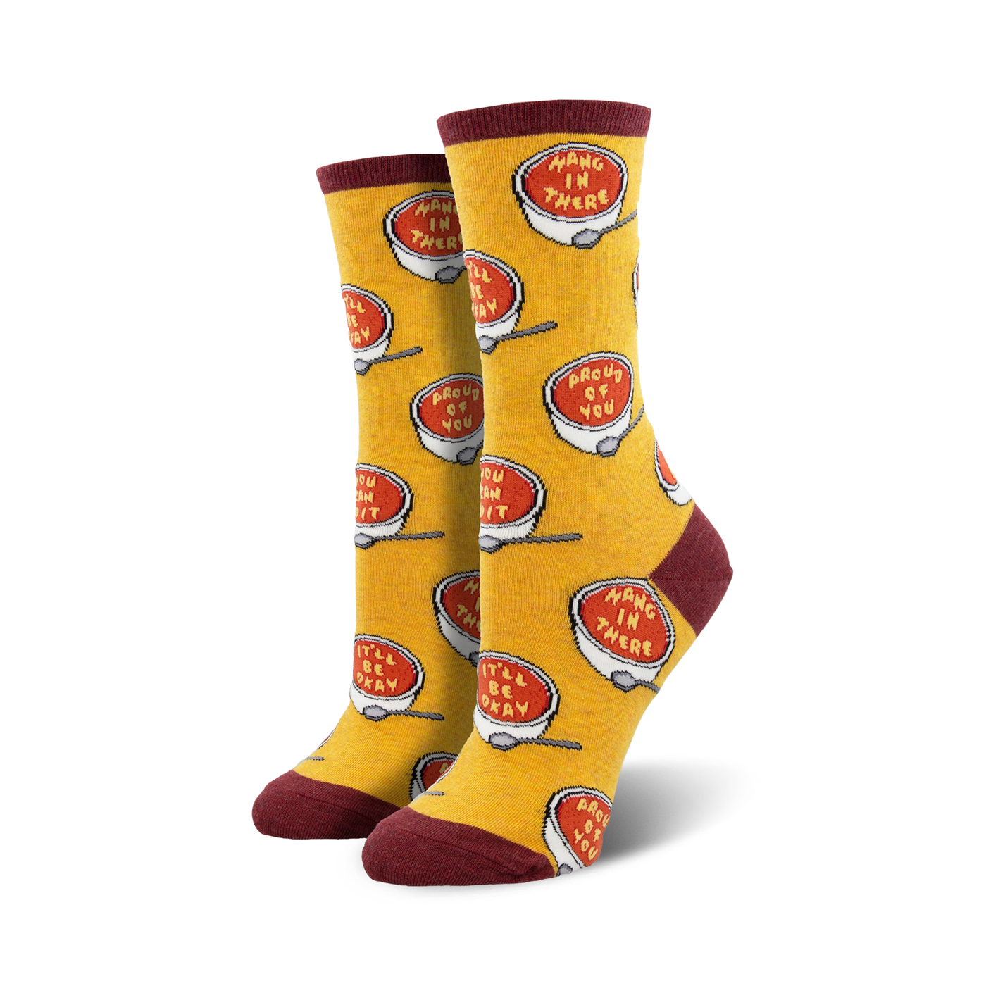 Pair of crew socks; yellow background with red soup bowls that say 'Hang in there' and 'Proud of you'.