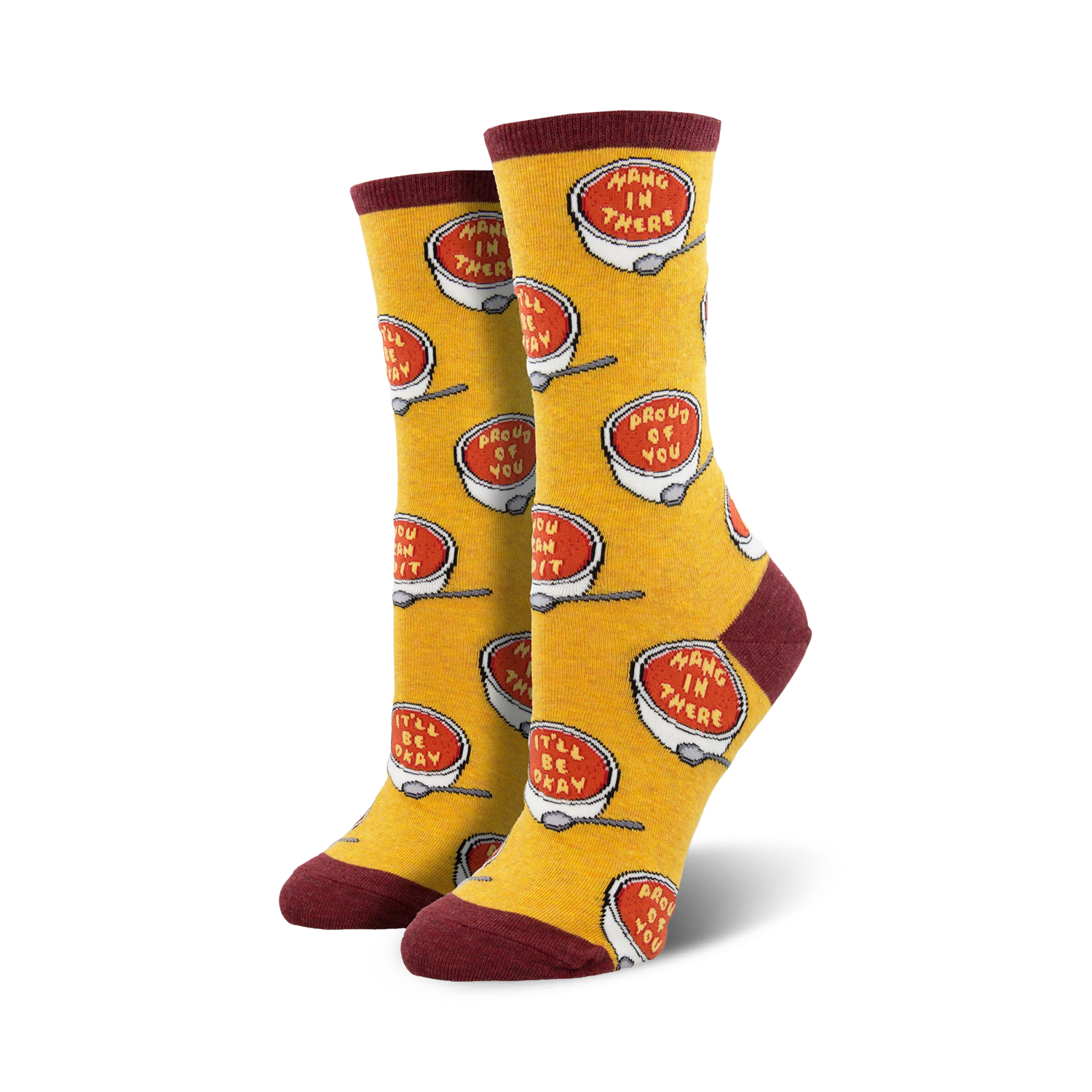 Pair of crew socks; yellow background with red soup bowls that say 'Hang in there' and 'Proud of you'.