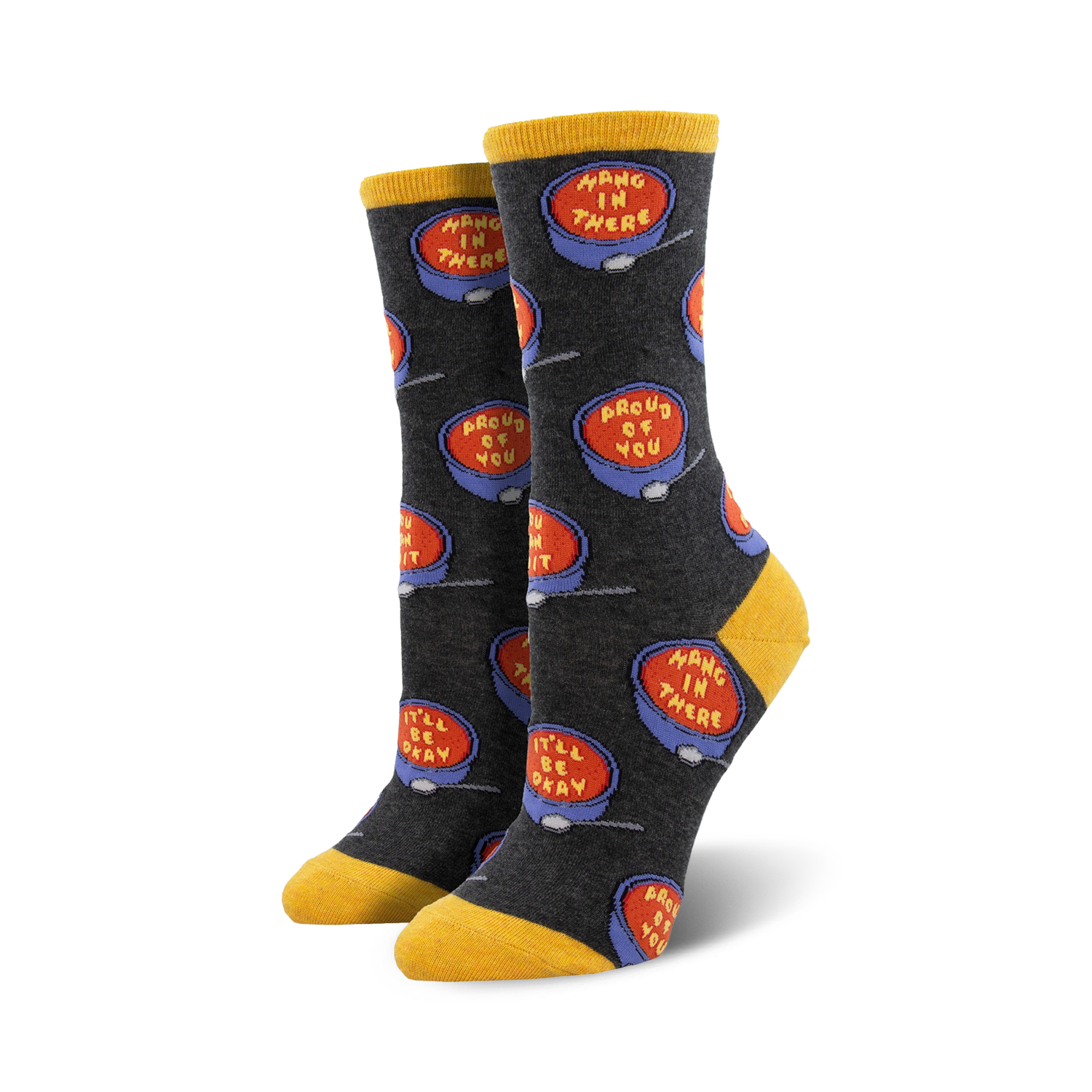 Close-up of a pair of dark gray crew socks with the same soup bowl design, but on a darker background.