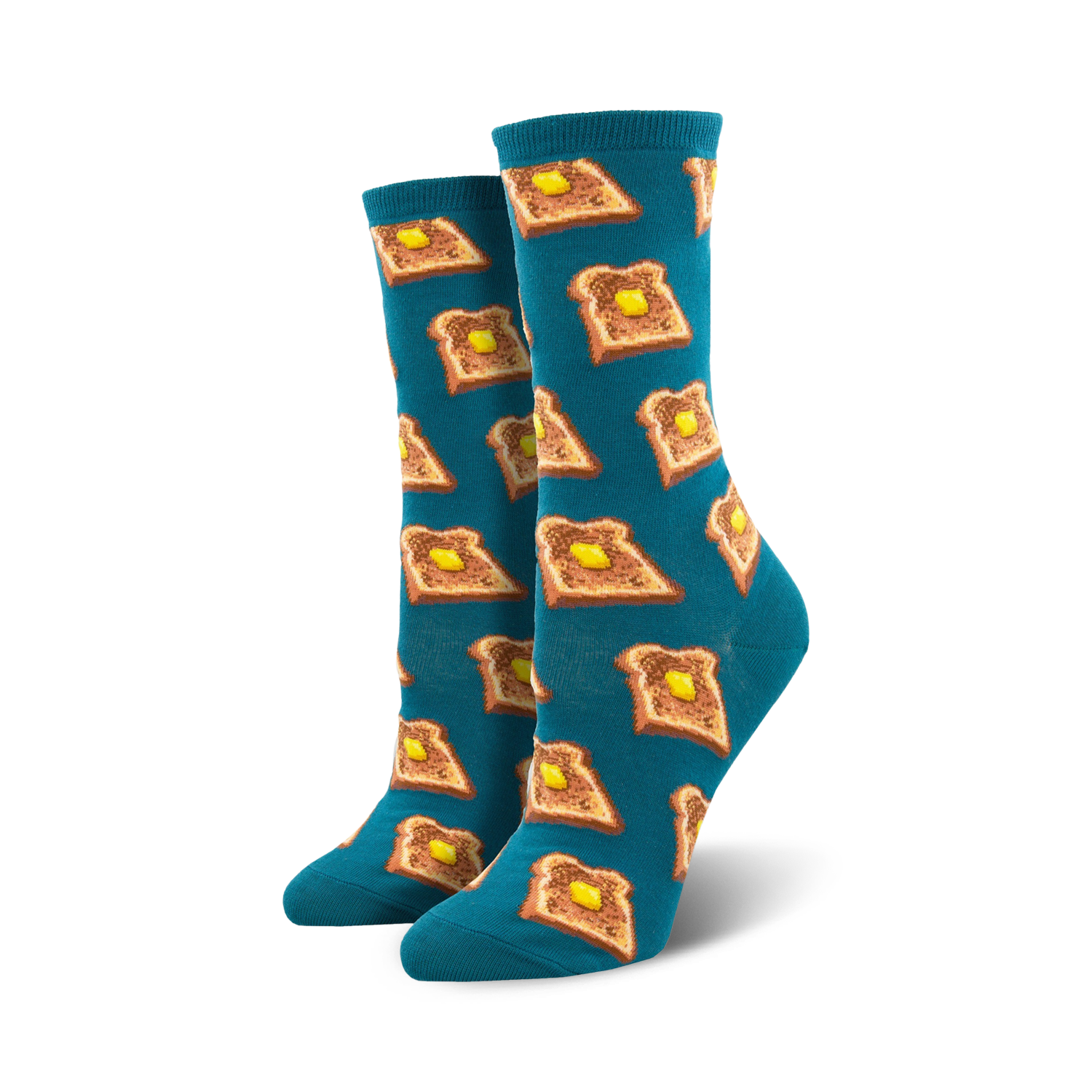 Pair of teal crew socks with a repeating pattern of illustrated slices of buttered toast.