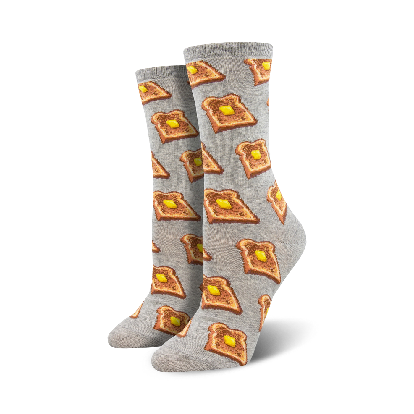 Close-up view of a pair of grey crew socks with a repeating pattern of illustrated slices of buttered toast.