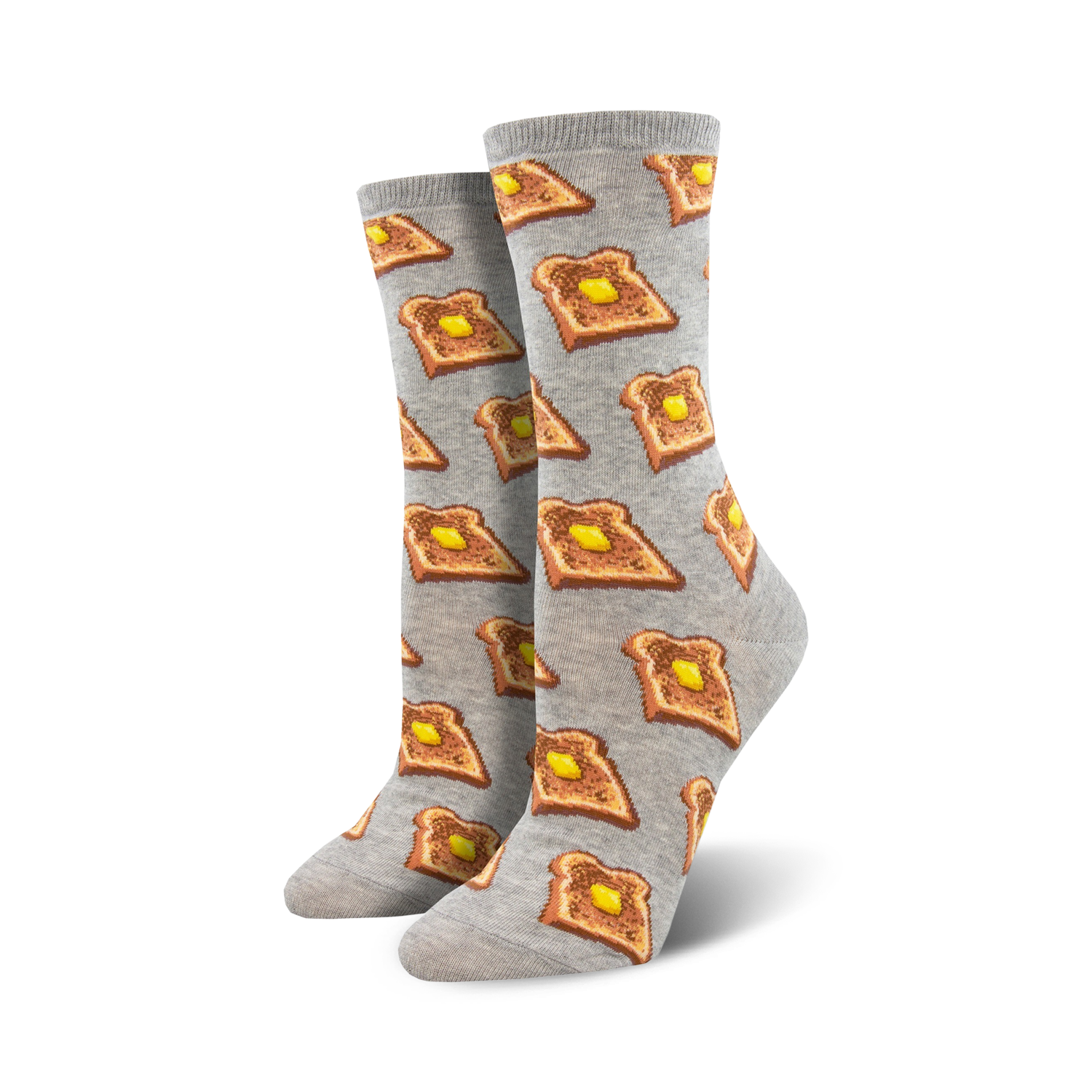 Close-up view of a pair of grey crew socks with a repeating pattern of illustrated slices of buttered toast.