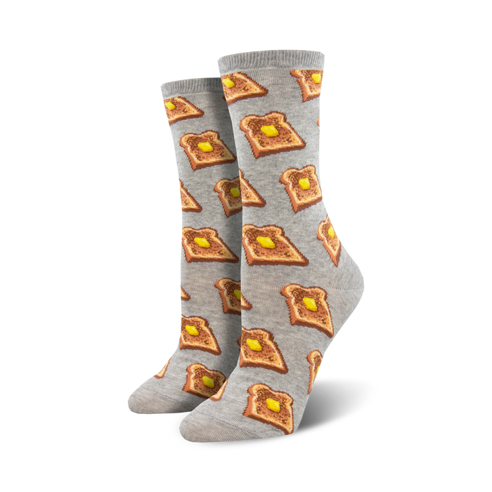 gray crew socks with buttered toast pattern for women.   