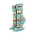 Pair of teal crew socks with a repeating pattern of pizza bagels and yellow triangles. 