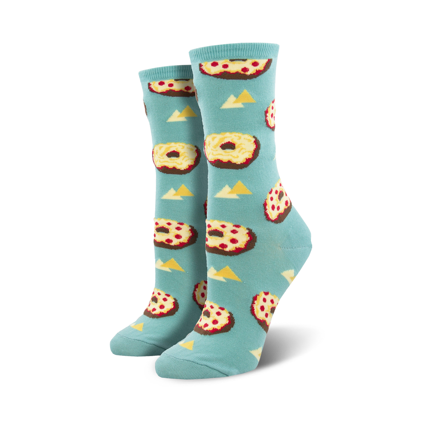 Pair of teal crew socks with a repeating pattern of pizza bagels and yellow triangles. 