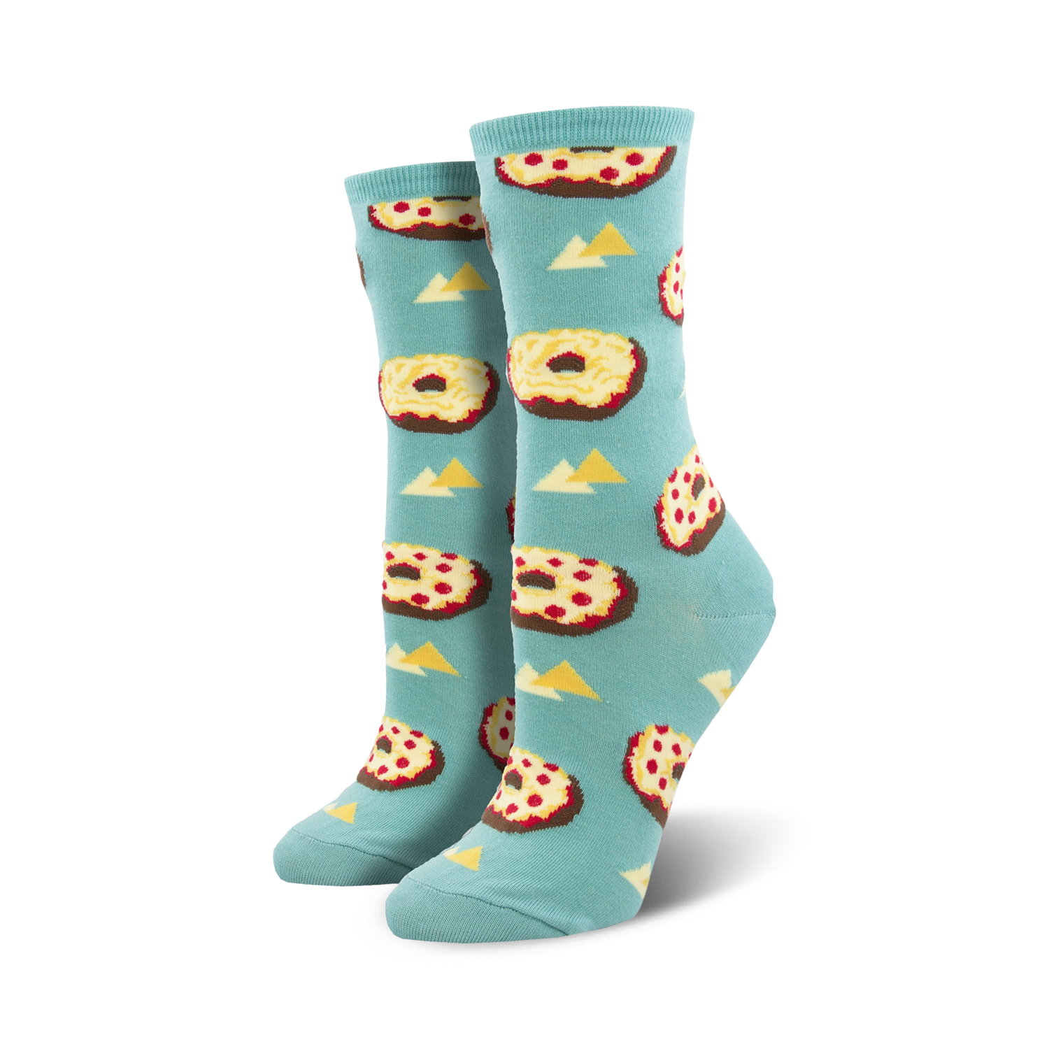 Pair of teal crew socks with a repeating pattern of pizza bagels and yellow triangles. 