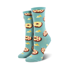 crew socks displaying a pattern of cartoon pizza bagels with pepperoni and cheese.  