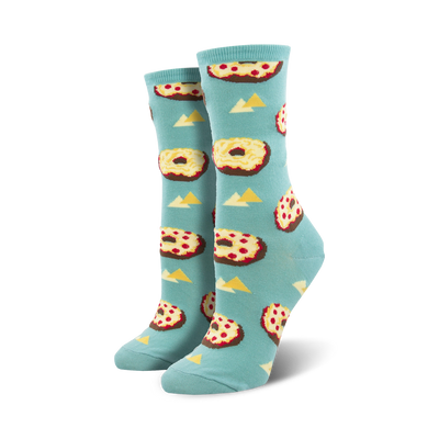 crew socks displaying a pattern of cartoon pizza bagels with pepperoni and cheese.  