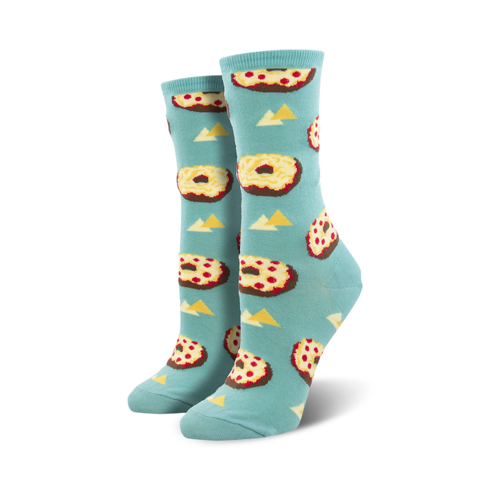 crew socks displaying a pattern of cartoon pizza bagels with pepperoni and cheese.   }}